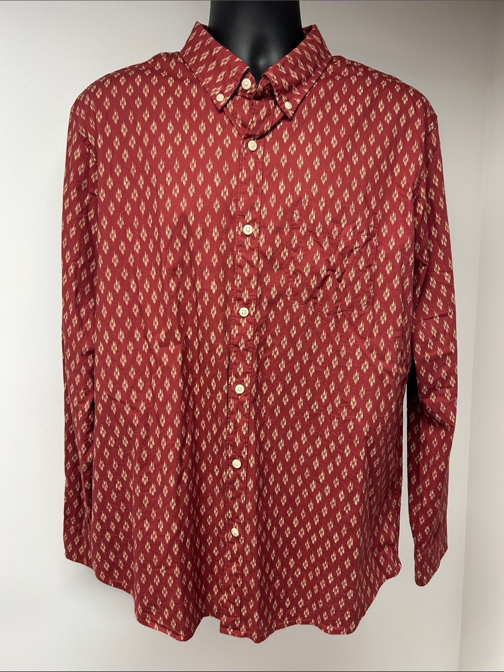 American Eagle Seriously Soft Burgundy Ikat Printed Button Down Shirt